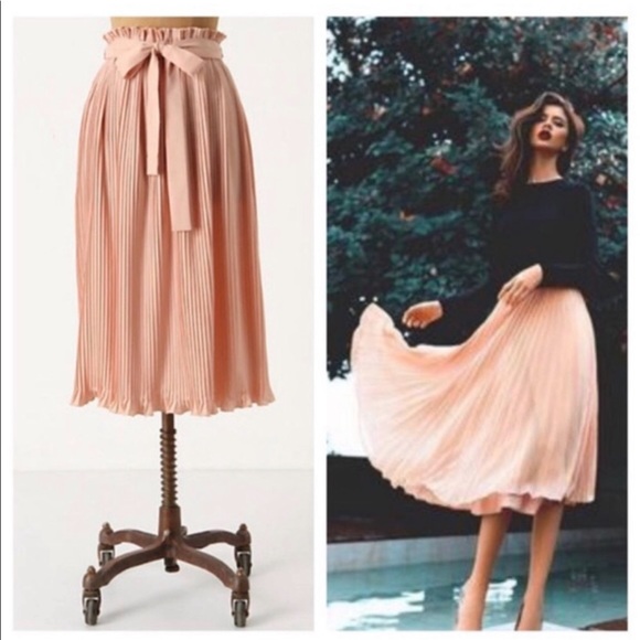 Hunter Dixon Accordion Pleated Blush Peach Pink Midi Skirt with Sash Tie Small - Picture 2 of 8